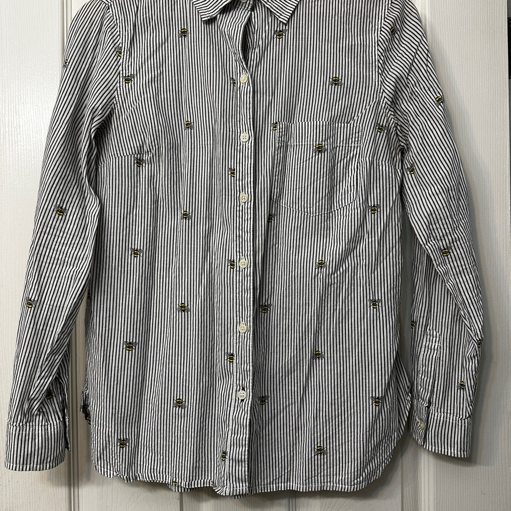 Women’s Black & White Striped Button-Up Shirt with Bee Embroidery